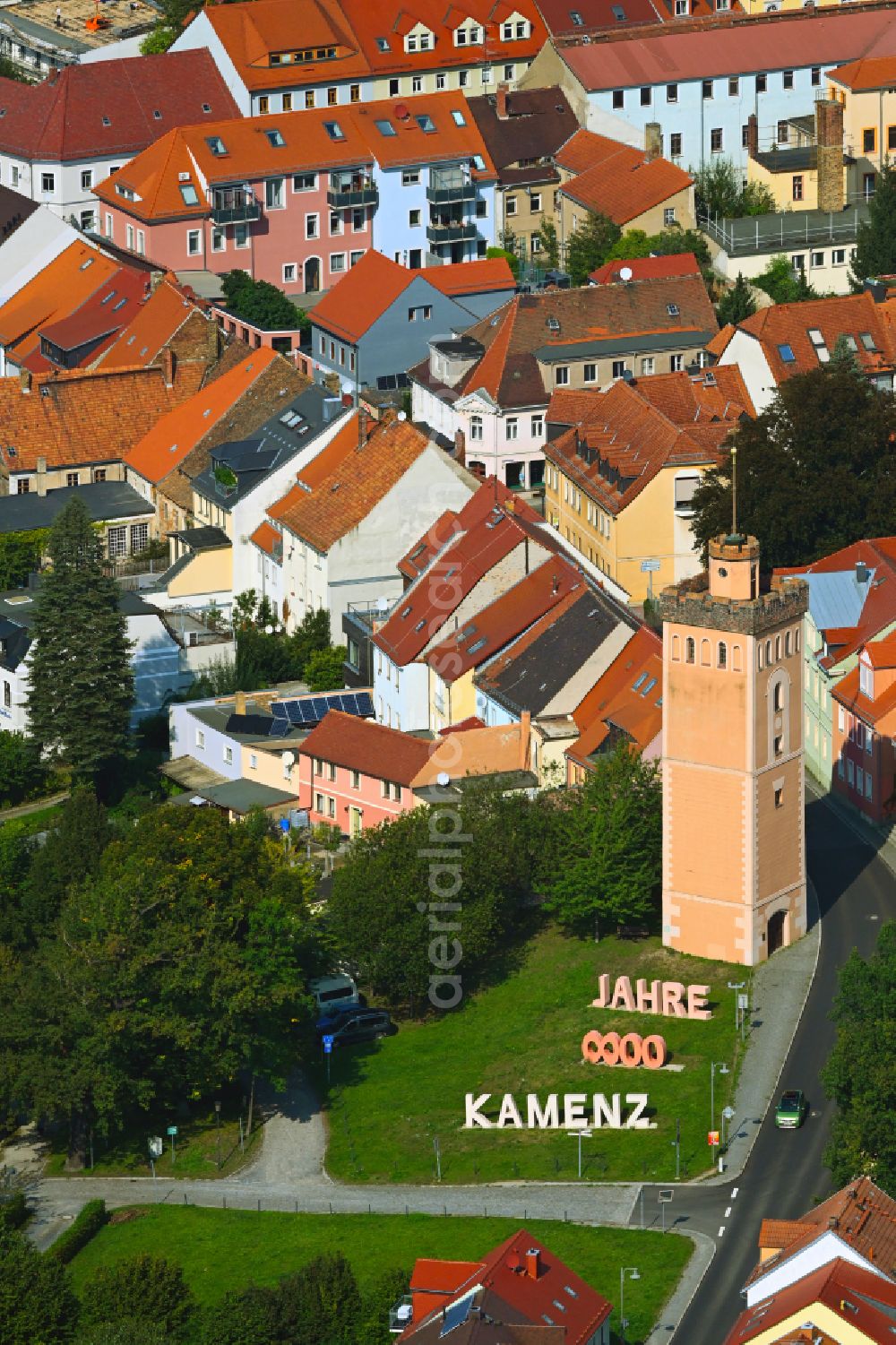 Kamenz from the bird's eye view: Old town area and inner city center at the Roter Turm on Pulsnitzer Strasse in Kamenz in the state of Saxony, Germany