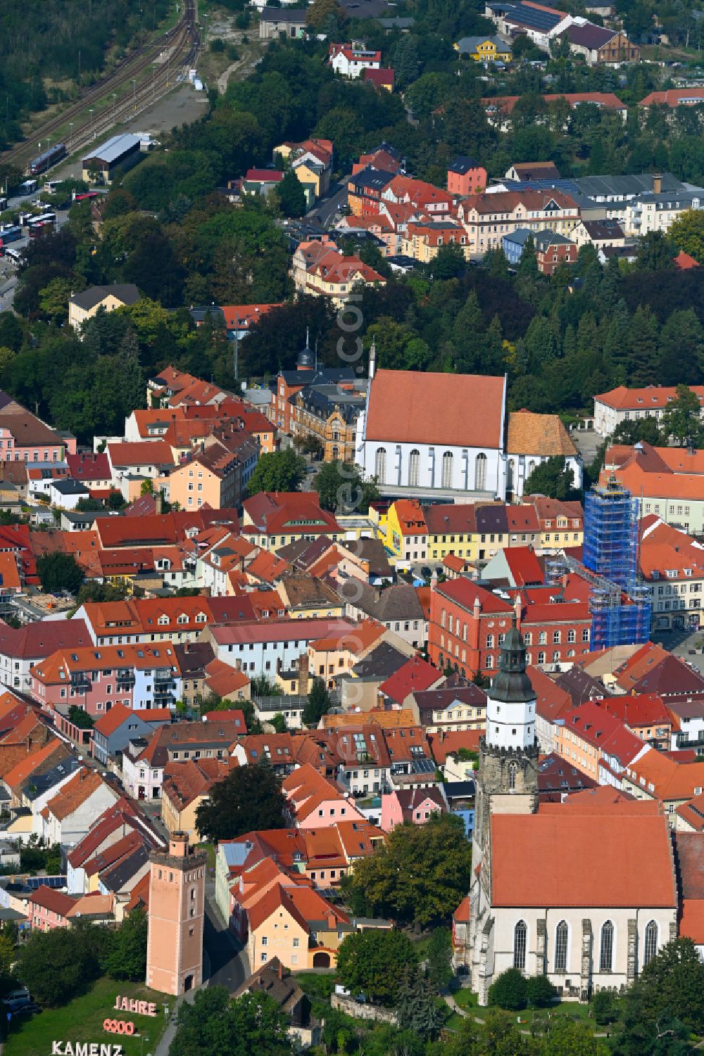 Aerial image Kamenz - Old town area and inner city center at the Roter Turm on Pulsnitzer Strasse in Kamenz in the state of Saxony, Germany