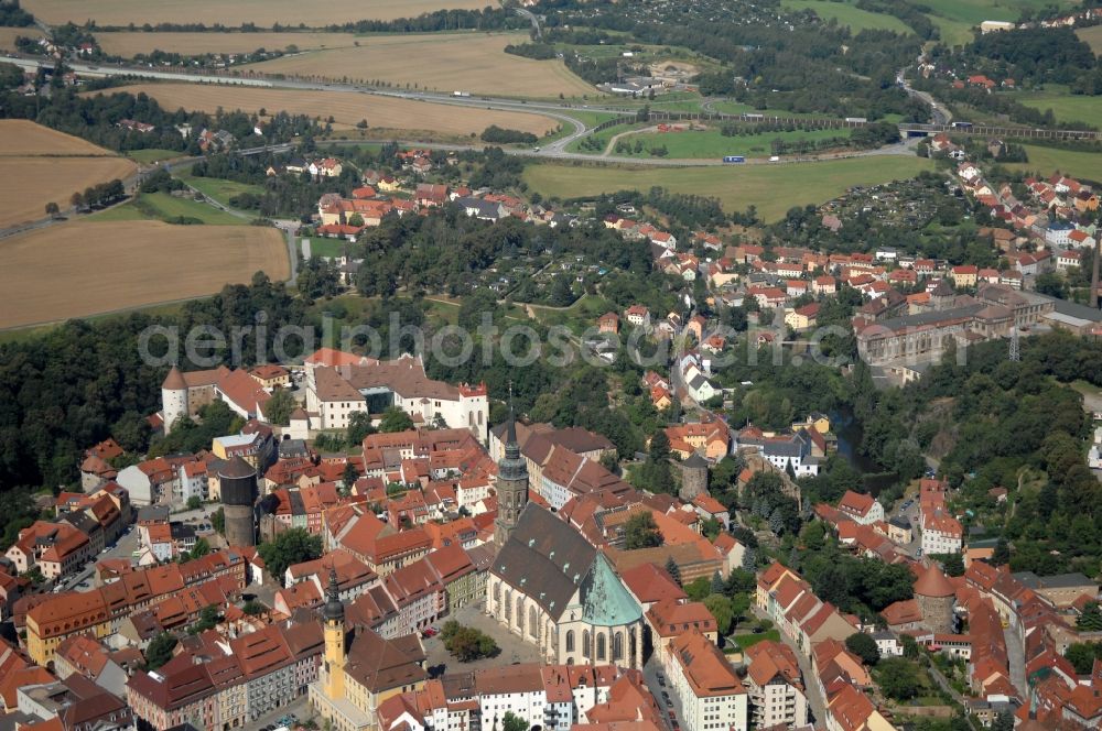 Löbau from the bird's eye view: Old Town area and city center in Loebau in the state Saxony, Germany