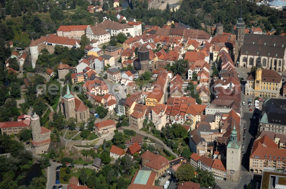 Löbau from above - Old Town area and city center in Loebau in the state Saxony, Germany