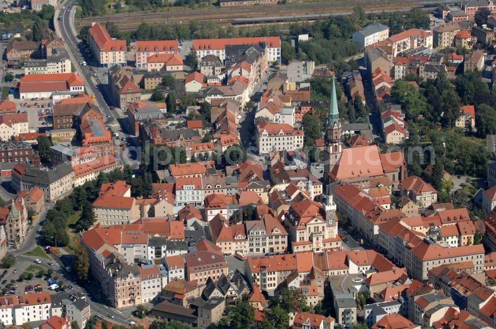 Löbau from above - Old Town area and city center in Loebau in the state Saxony, Germany