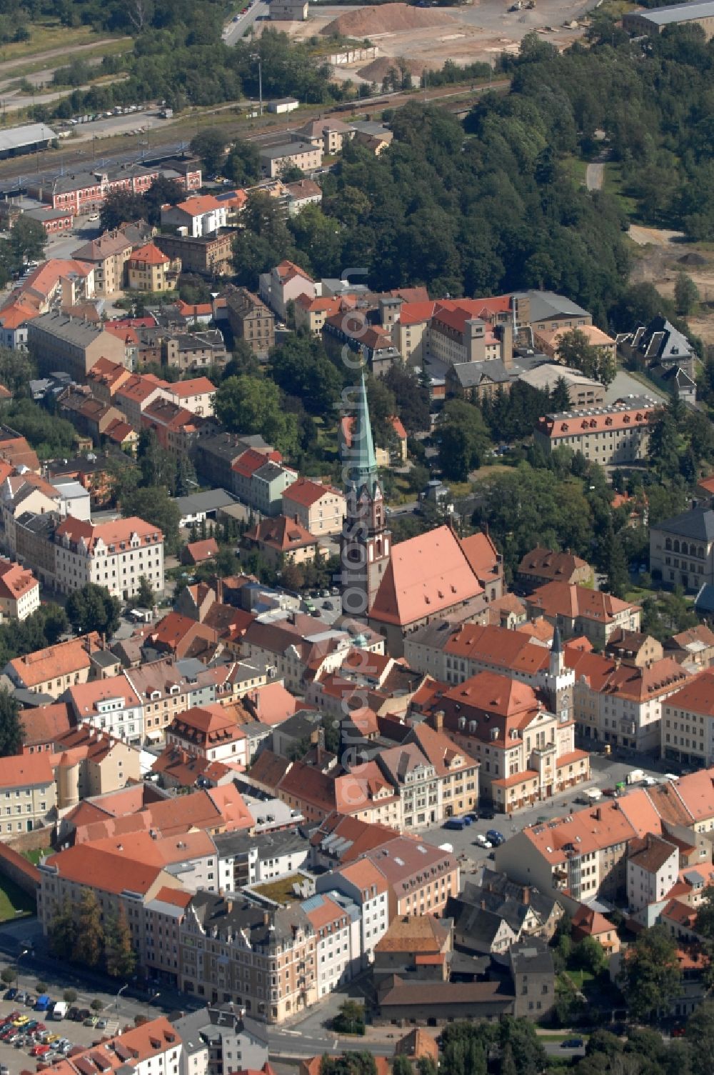 Löbau from the bird's eye view: Old Town area and city center in Loebau in the state Saxony, Germany