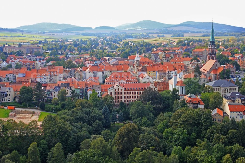 Löbau from above - Old Town area and city center in Loebau in the state Saxony, Germany