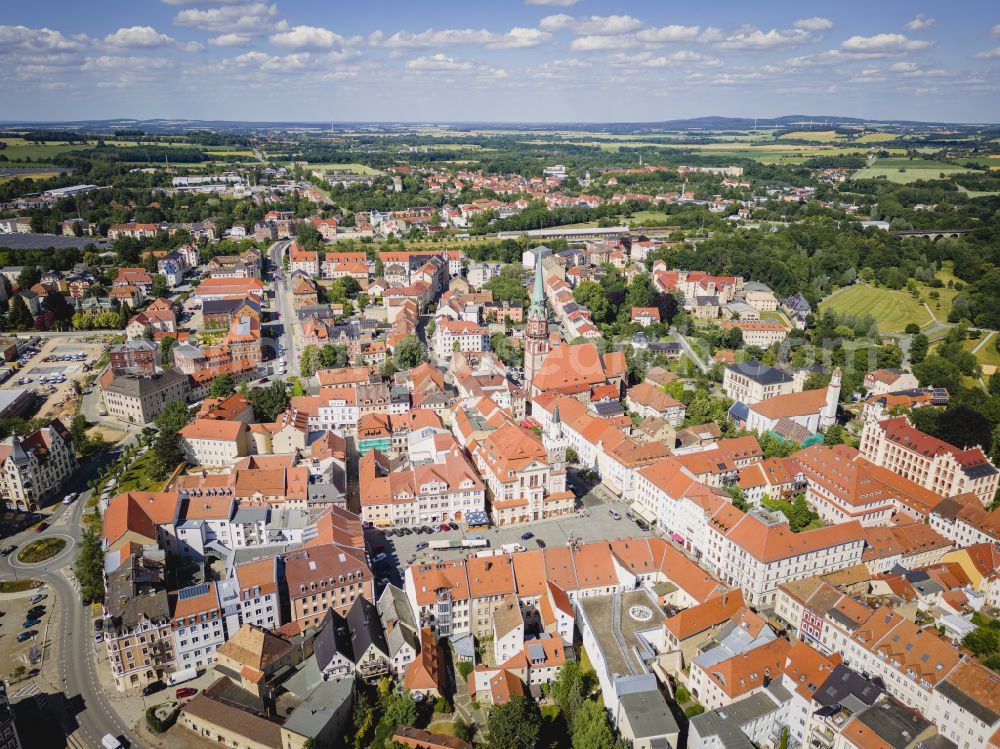 Löbau from above - Old Town area and city center in Loebau in the state Saxony, Germany