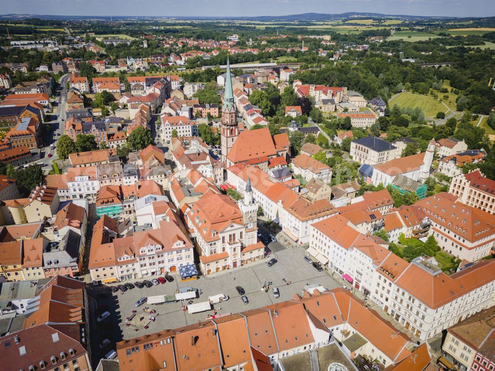 Löbau from the bird's eye view: Old Town area and city center in Loebau in the state Saxony, Germany