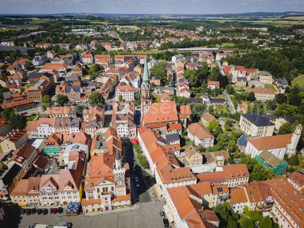 Löbau from above - Old Town area and city center in Loebau in the state Saxony, Germany