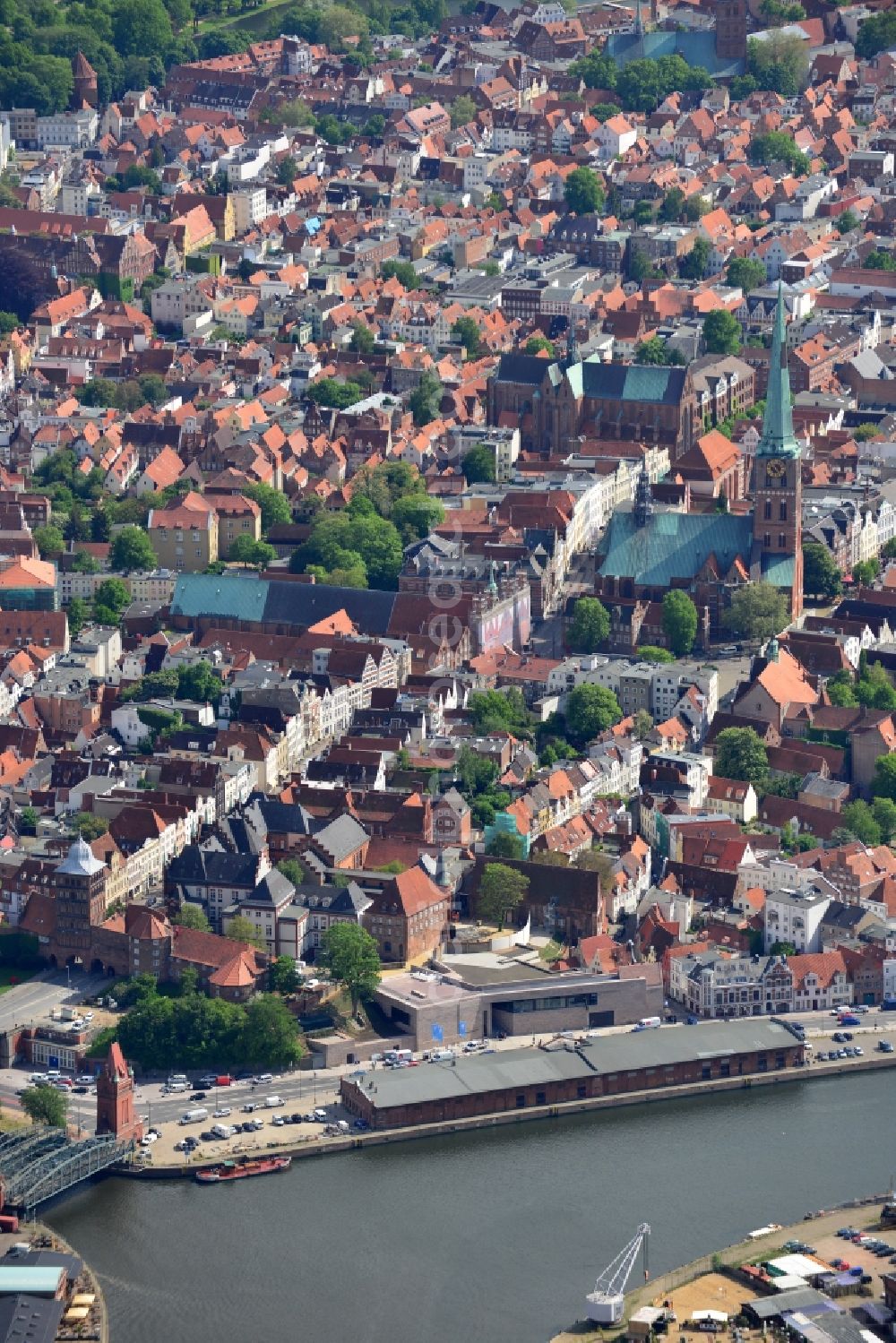 Lübeck from the bird's eye view: Old Town area and city center in Luebeck in the state Schleswig-Holstein