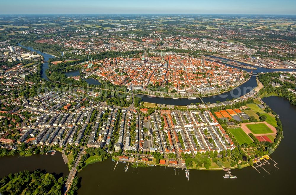 Lübeck from above - Old Town area and city center in Luebeck in the state Schleswig-Holstein