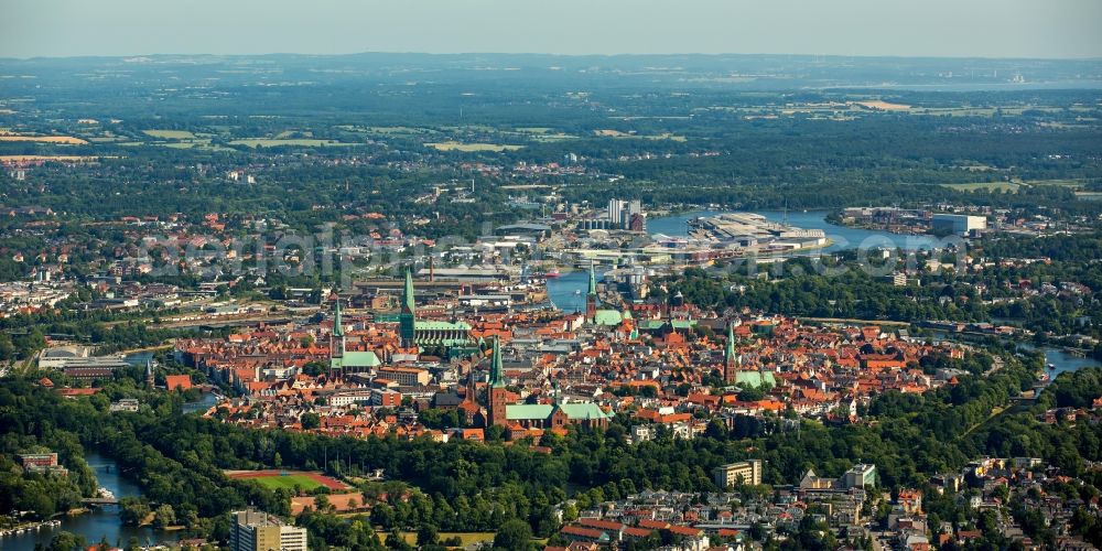 Lübeck from above - Old Town area and city center in Luebeck in the state Schleswig-Holstein