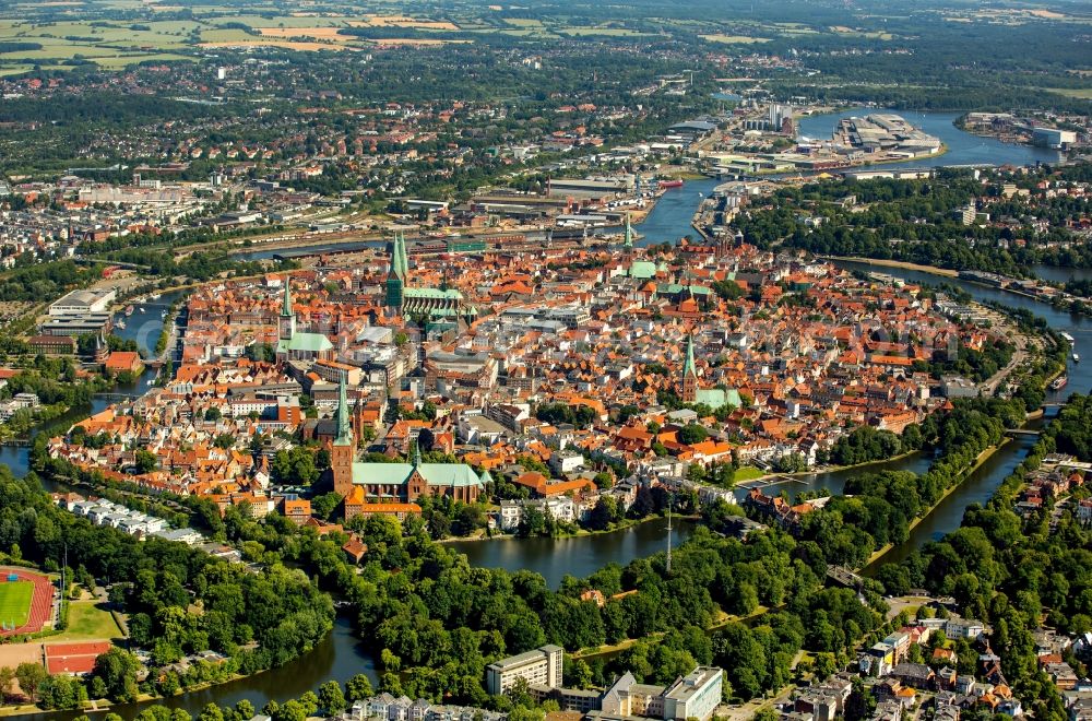 Lübeck from the bird's eye view: Old Town area and city center in Luebeck in the state Schleswig-Holstein