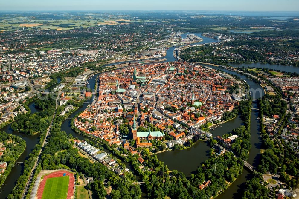 Lübeck from above - Old Town area and city center in Luebeck in the state Schleswig-Holstein