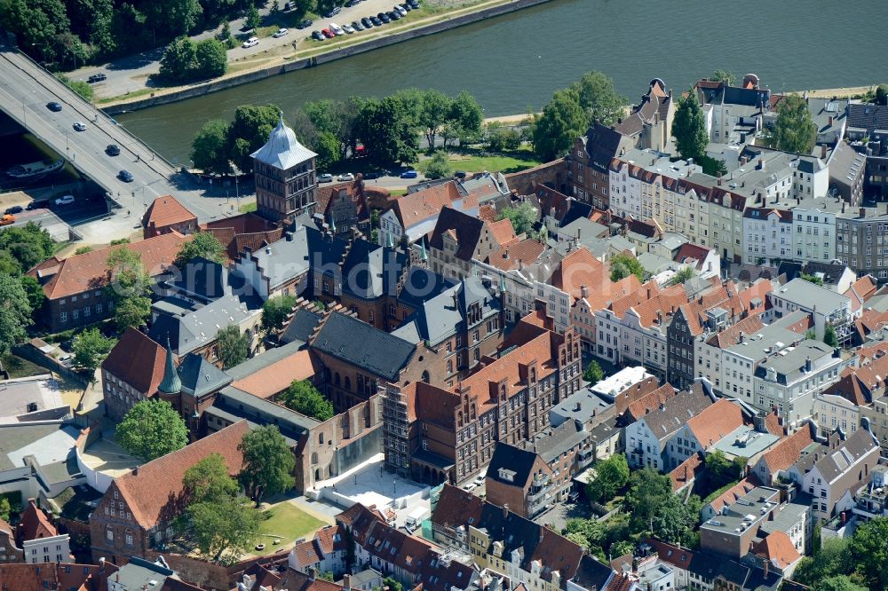 Lübeck from the bird's eye view: Old Town area and city center in Luebeck with the Burgtor in the state Schleswig-Holstein