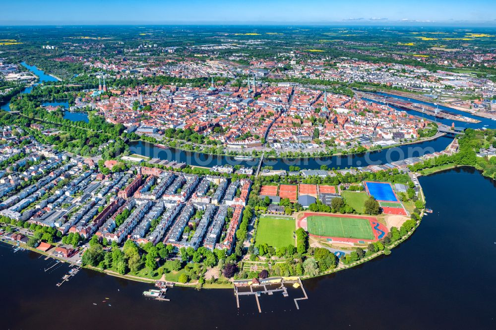 Lübeck from the bird's eye view: Old Town area and city center in Luebeck in the state Schleswig-Holstein, Germany