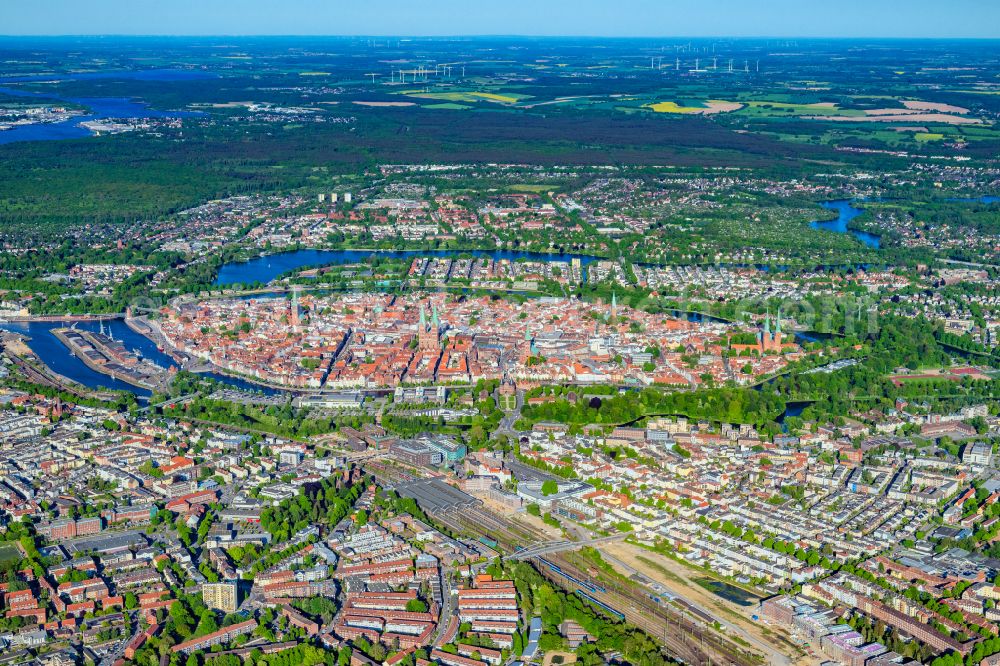 Lübeck from the bird's eye view: Old Town area and city center in the district Altstadt in Luebeck in the state Schleswig-Holstein, Germany