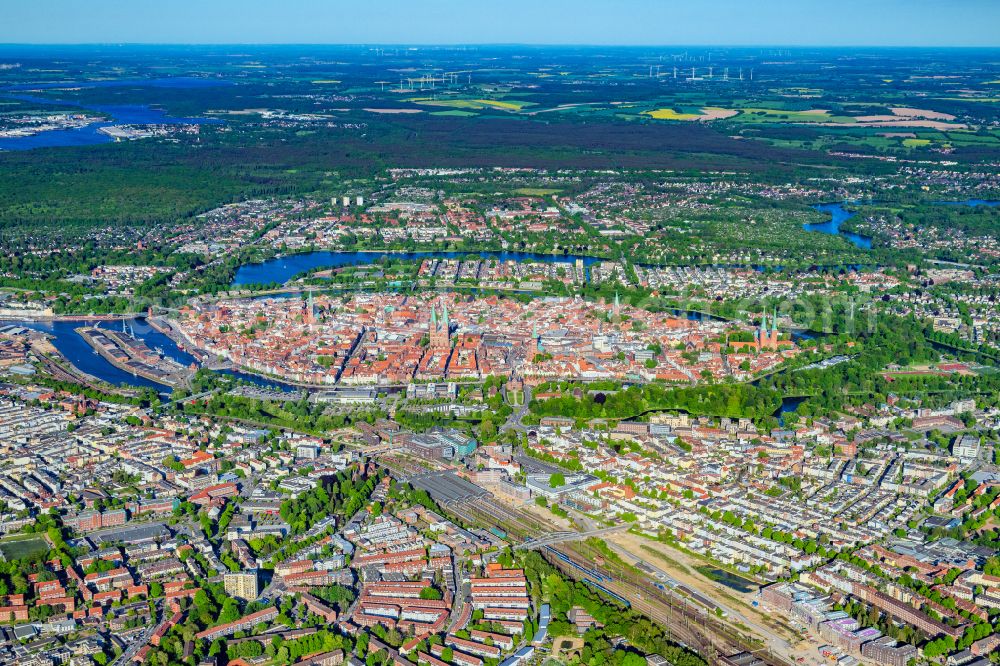 Aerial image Lübeck - Old Town area and city center in the district Altstadt in Luebeck in the state Schleswig-Holstein, Germany