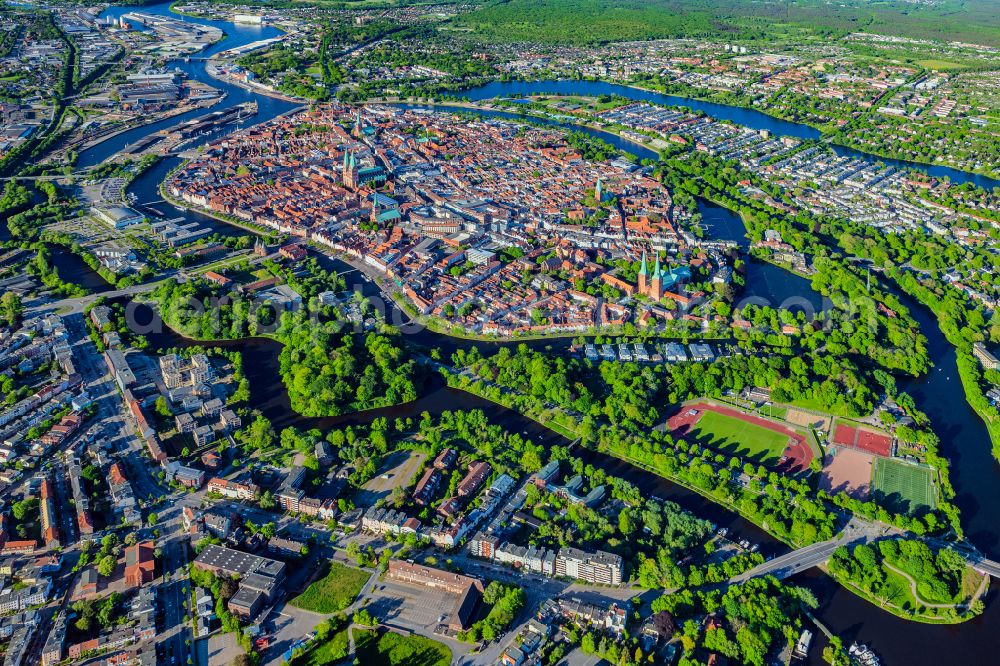 Lübeck from above - Old Town area and city center in the district Altstadt in Luebeck in the state Schleswig-Holstein, Germany