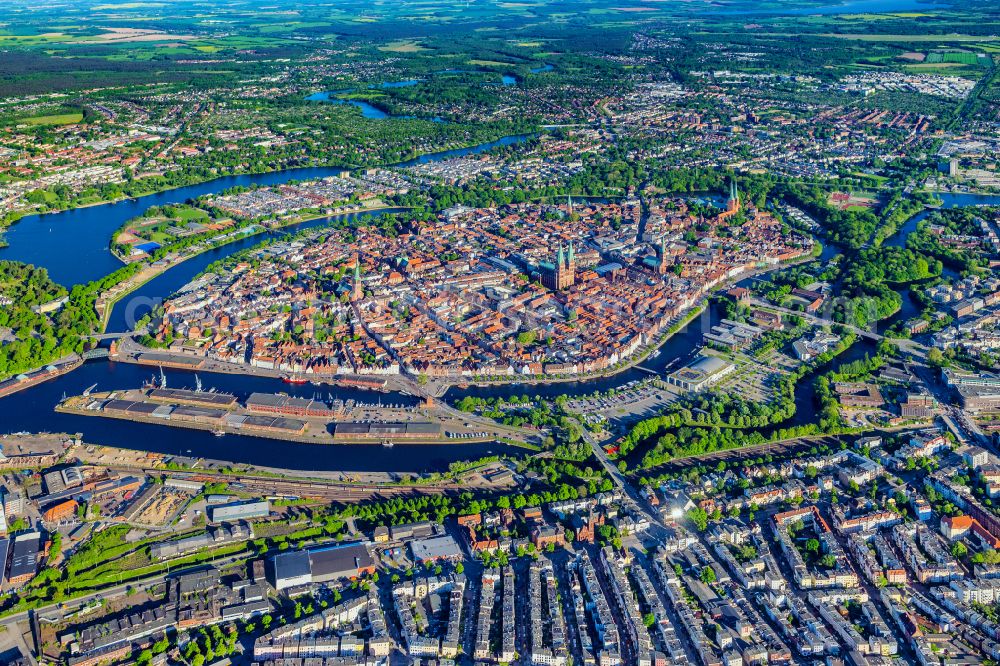 Aerial image Lübeck - Old Town area and city center in the district Altstadt in Luebeck in the state Schleswig-Holstein, Germany