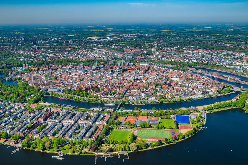 Lübeck from above - Old Town area and city center in the district Altstadt in Luebeck in the state Schleswig-Holstein, Germany