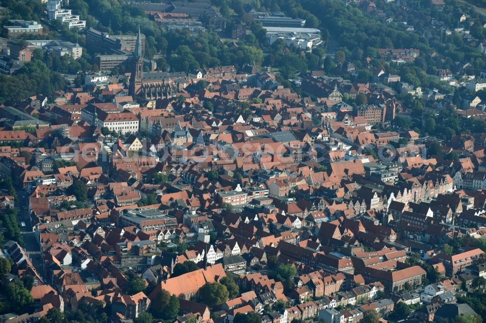 Lüneburg from above - Old Town area and city center in Lueneburg in the state Lower Saxony