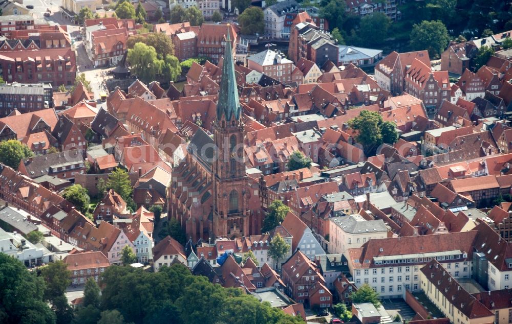 Lüneburg from above - Old Town area and city center of Lueneburg in the state Lower Saxony, Germany