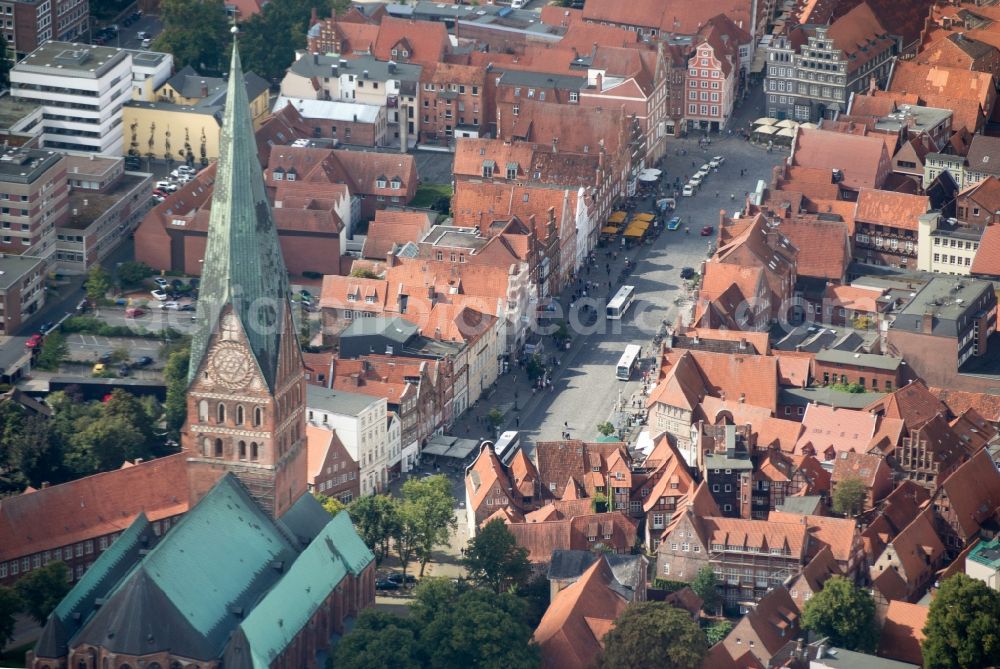 Lüneburg from above - Old Town area and city center of Lueneburg in the state Lower Saxony, Germany