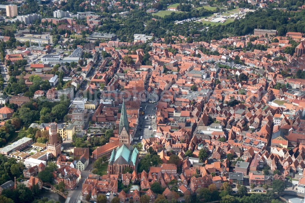 Lüneburg from the bird's eye view: Old Town area and city center of Lueneburg in the state Lower Saxony, Germany