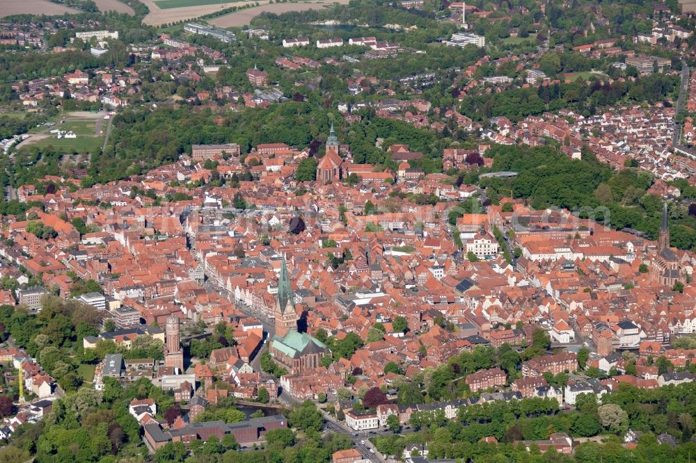 Lüneburg from the bird's eye view: Old Town area and city center of Lueneburg in the state Lower Saxony, Germany