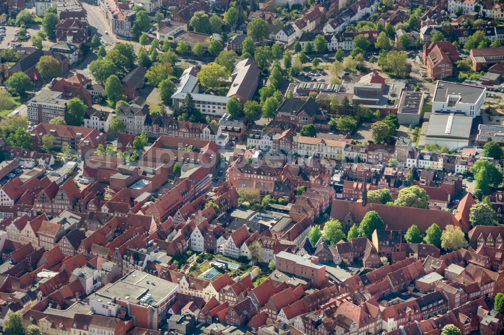 Lüneburg from above - Old Town area and city center of Lueneburg in the state Lower Saxony, Germany