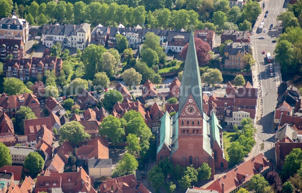 Lüneburg from above - Old Town area and city center of Lueneburg in the state Lower Saxony, Germany