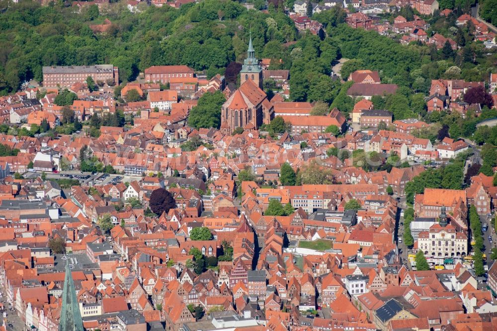 Lüneburg from above - Old Town area and city center of Lueneburg in the state Lower Saxony, Germany