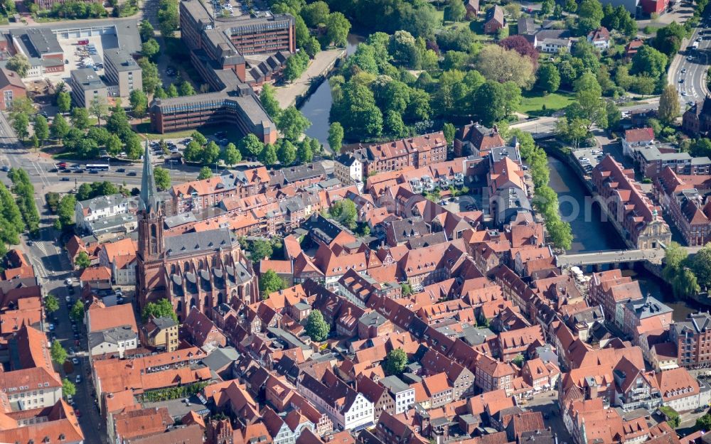 Lüneburg from the bird's eye view: Old Town area and city center of Lueneburg in the state Lower Saxony, Germany