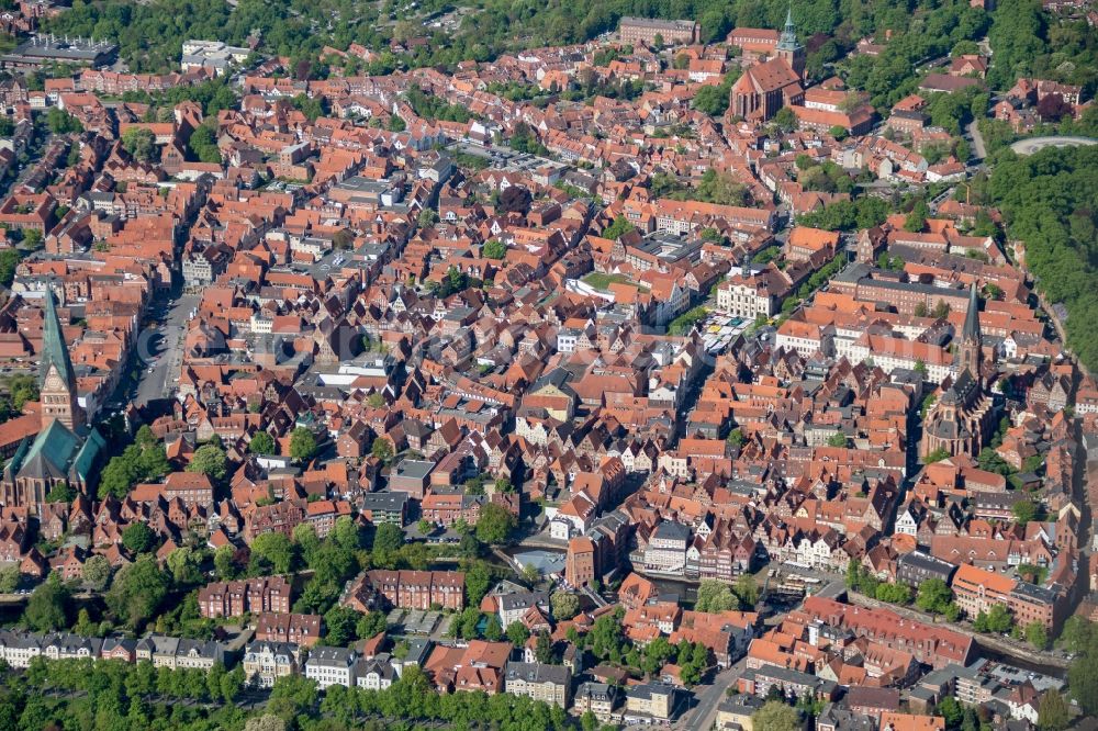 Lüneburg from above - Old Town area and city center of Lueneburg in the state Lower Saxony, Germany