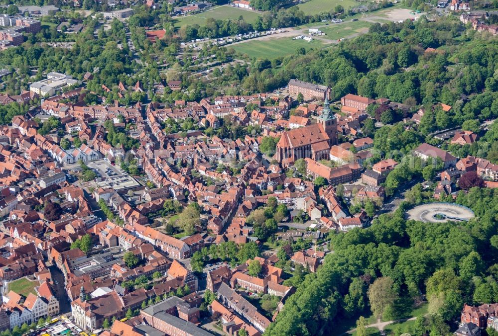 Lüneburg from the bird's eye view: Old Town area and city center of Lueneburg in the state Lower Saxony, Germany