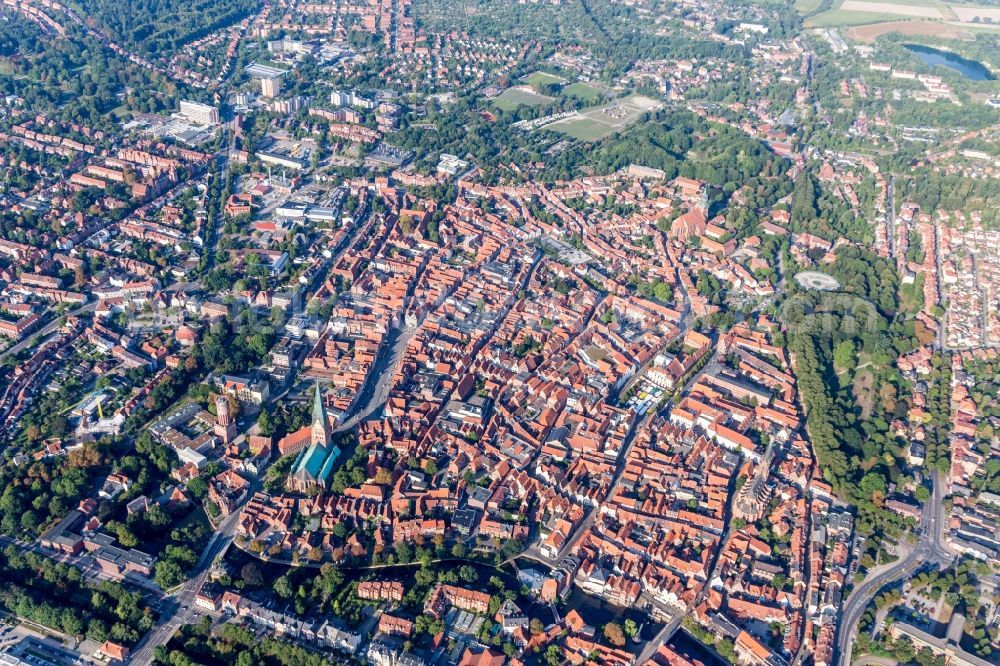 Lüneburg from above - Old Town area and city center in Lueneburg in the state Lower Saxony, Germany