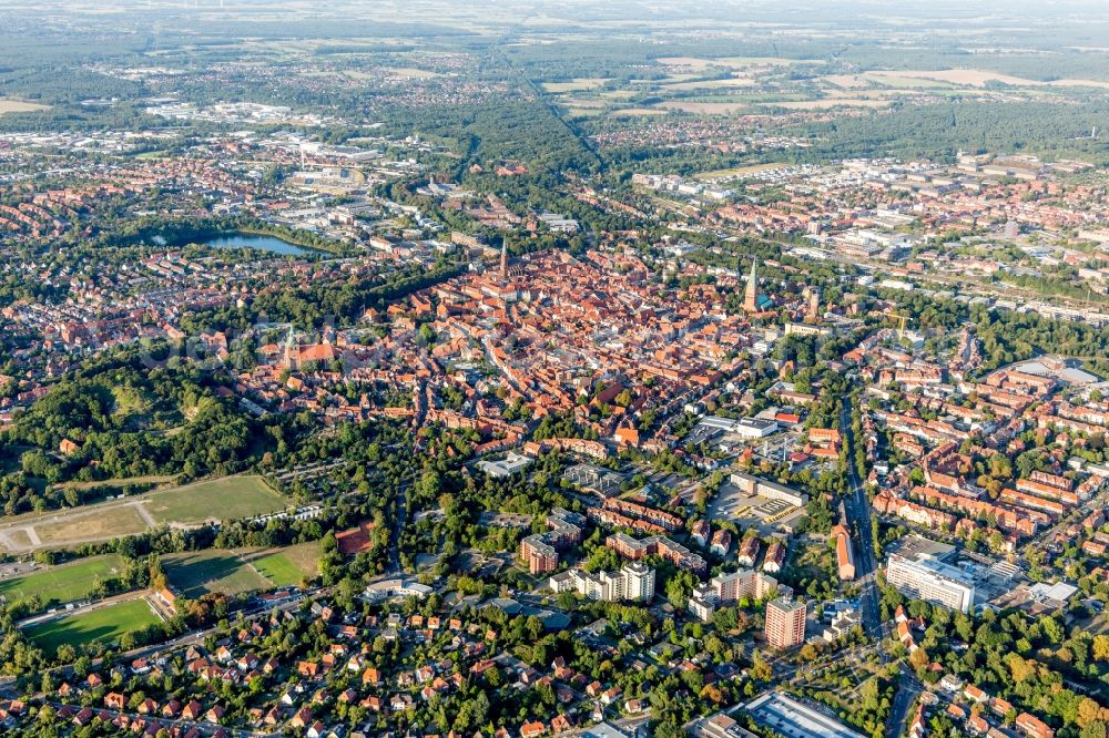 Lüneburg from the bird's eye view: Old Town area and city center in Lueneburg in the state Lower Saxony, Germany