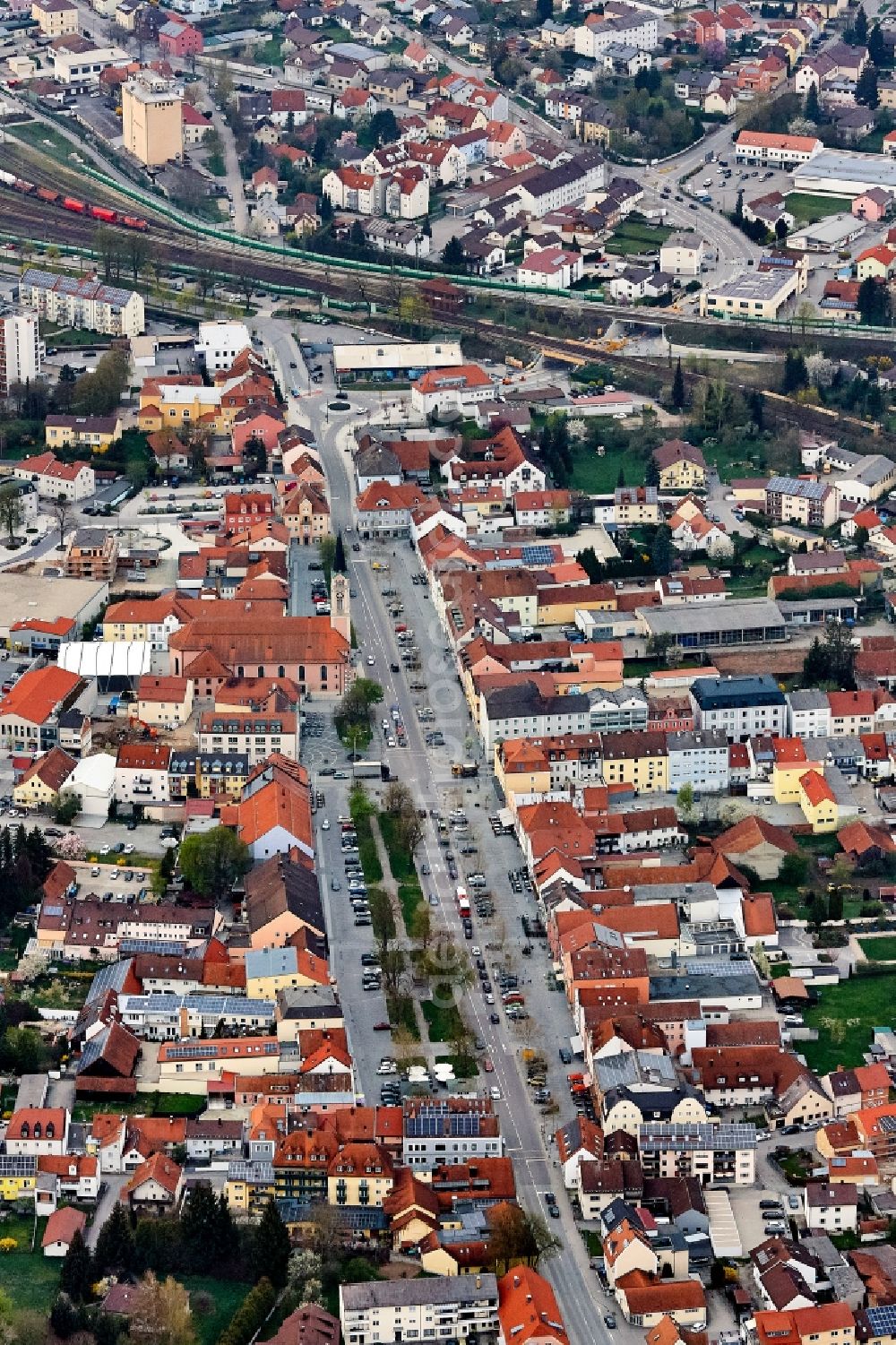 Plattling from above - Old town area and downtown center around the Ludwigplatz in Plattling in the state of Bavaria, Germany, and the church of St. Magdalena