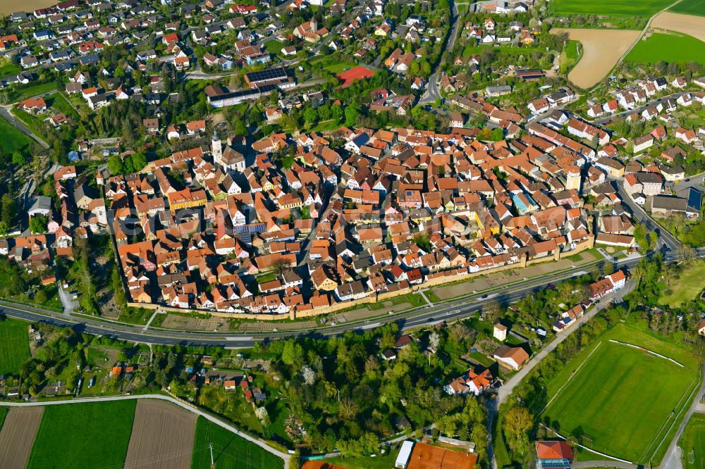 Mainbernheim from above - Old Town area and city center in Mainbernheim in the state Bavaria, Germany