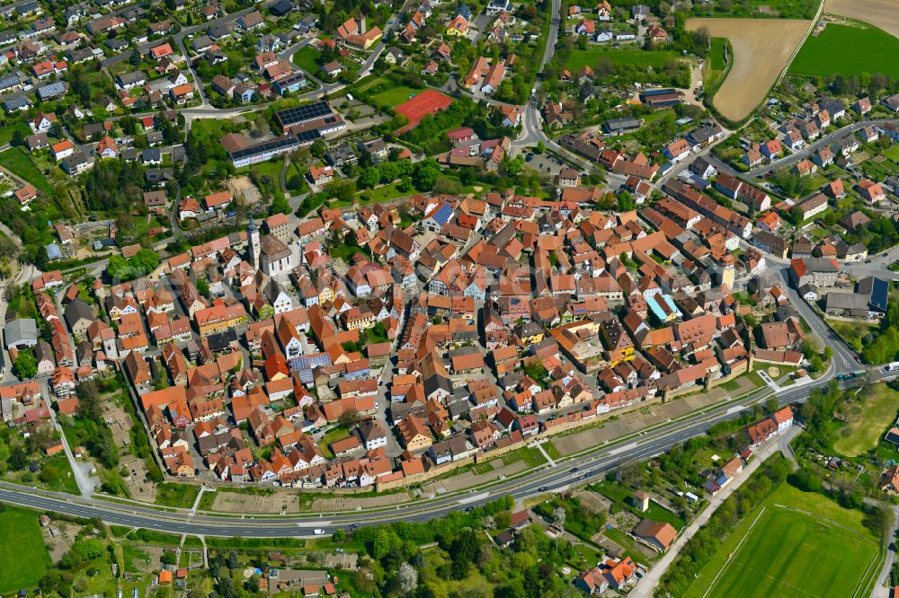 Mainbernheim from above - Old Town area and city center in Mainbernheim in the state Bavaria, Germany