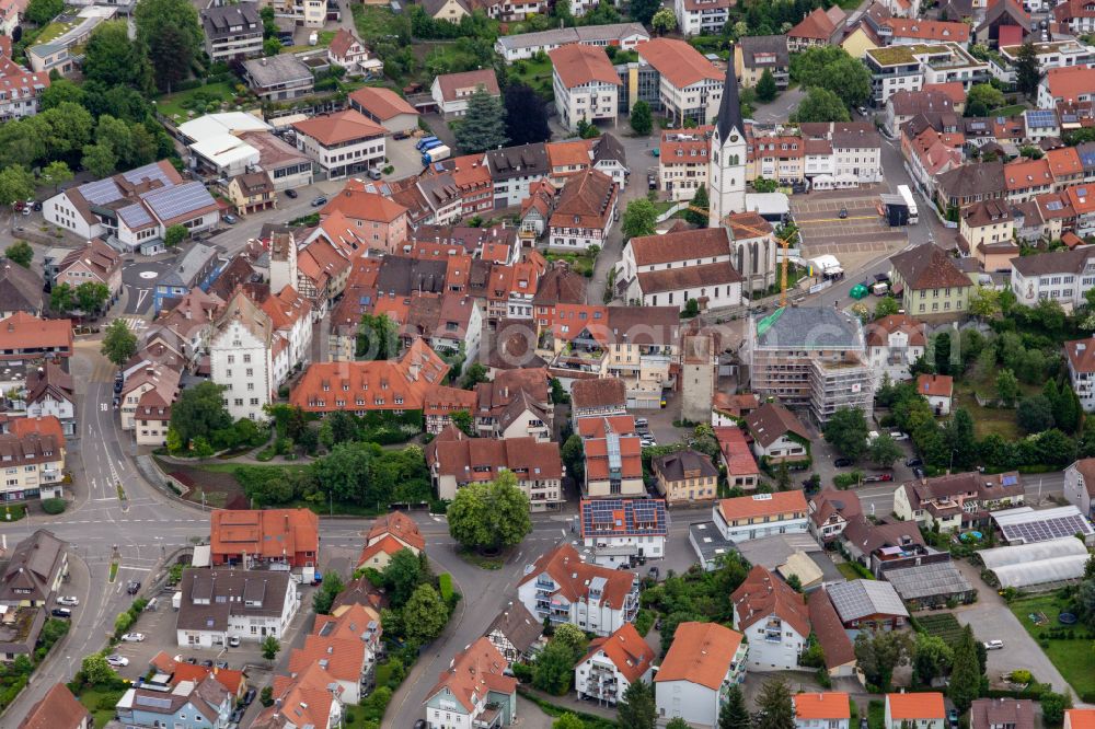 Markdorf from above - Old Town area and city center with Town-hall of Markdorf and Church St. Nikolaus in Markdorf in the state Baden-Wuerttemberg, Germany