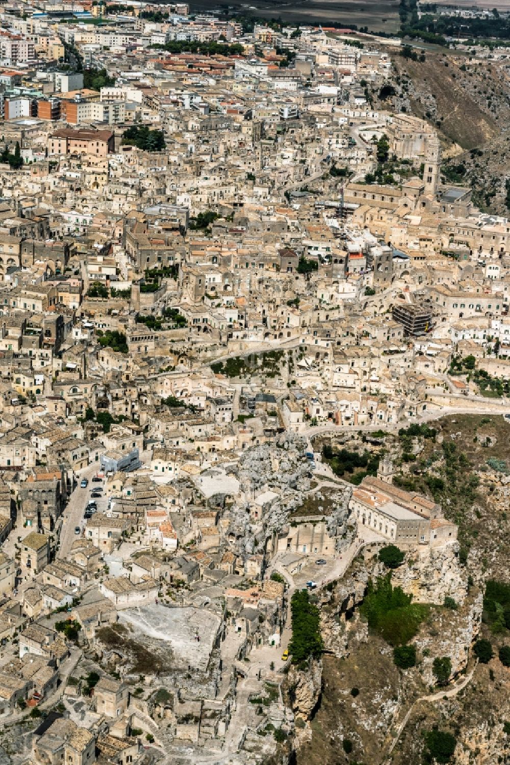 Matera from the bird's eye view: Old Town area and city center in Matera in Italy