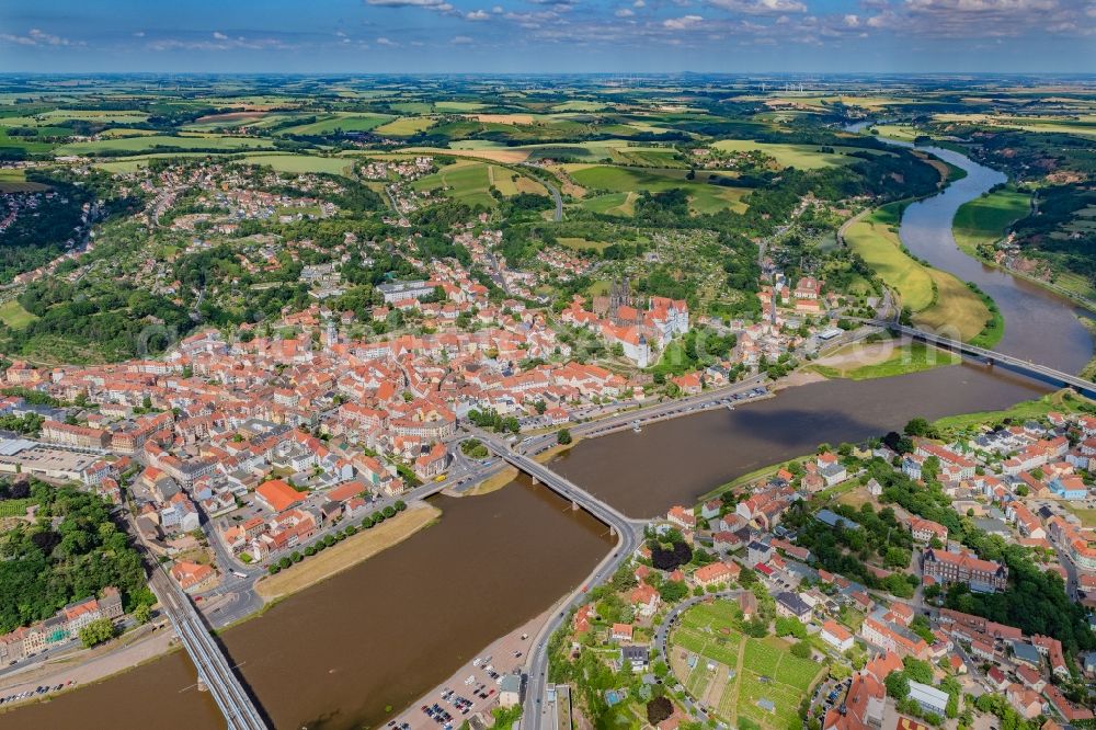 Meißen from above - Old Town area and city center on the banks of the Elbe in Meissen in the state Saxony, Germany