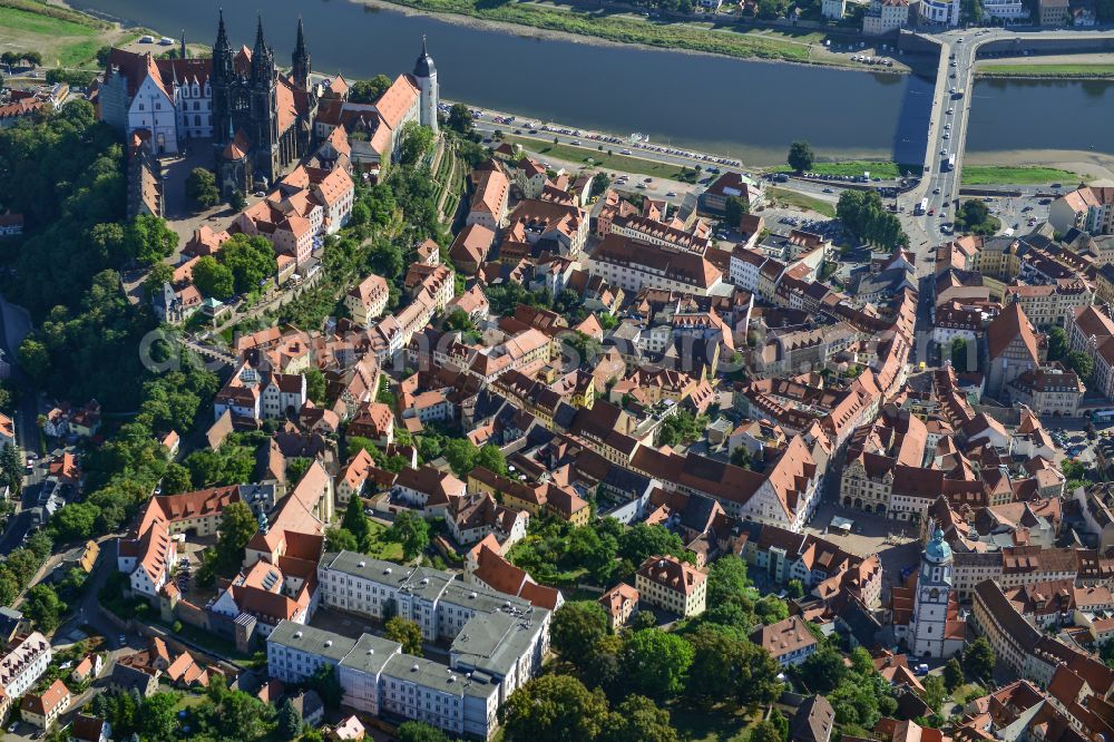 Meißen from the bird's eye view: Old Town area and city center in Meißen in the state Saxony, Germany