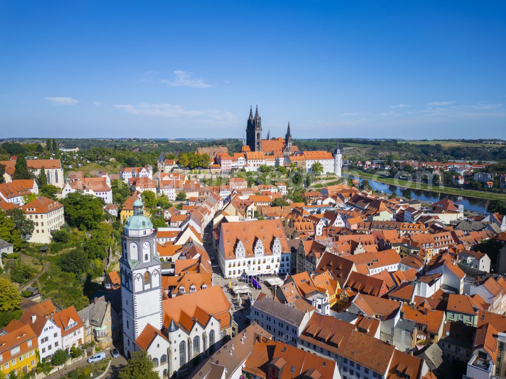 Meißen from above - Old Town area and city center on the banks of the Elbe in Meissen in the state Saxony, Germany