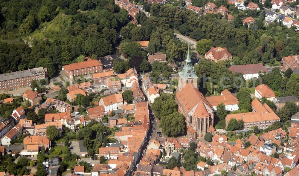 Lüneburg from the bird's eye view: Old Town area and city center with Michaelis Church in Lueneburg in the state Lower Saxony