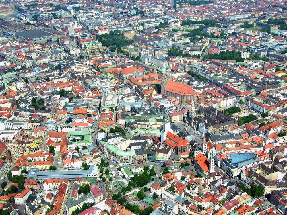 München from above - Old Town area and city center in Munich in the state Bavaria, Germany