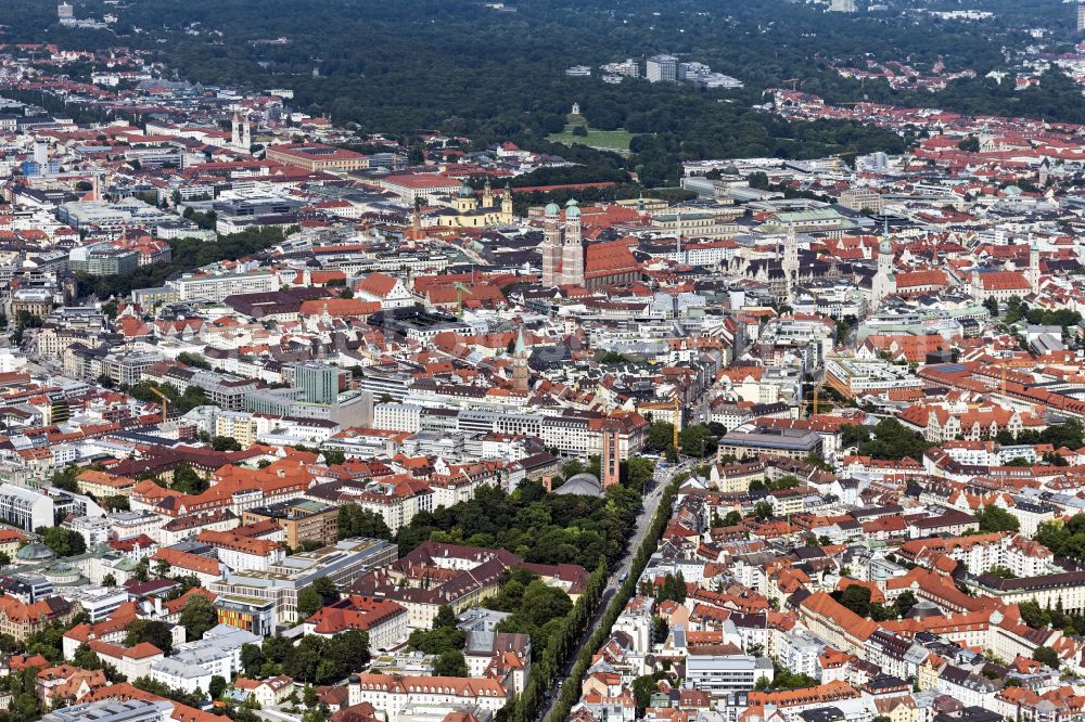 München from above - Old Town area and city center in Munich in the state Bavaria, Germany