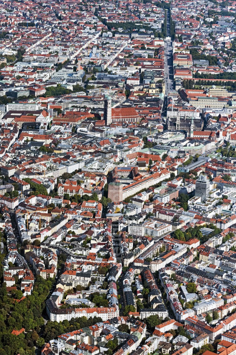 München from above - Old Town area and city center in Munich in the state Bavaria, Germany