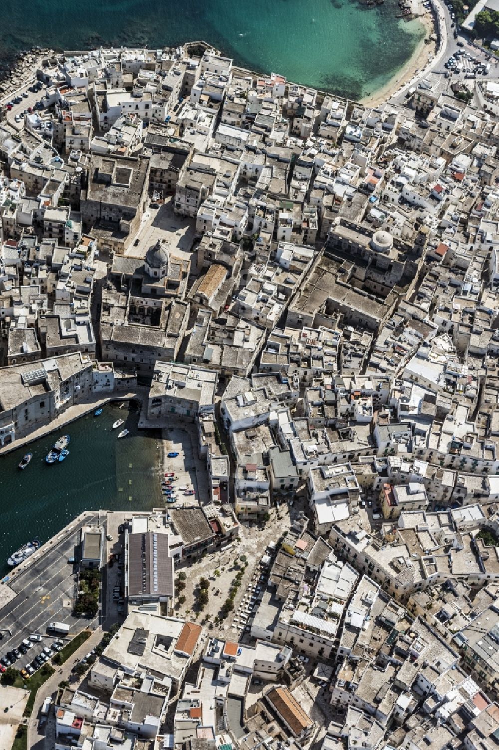 Monopoli from the bird's eye view: Old Town area and city center in Monopoli in Italy