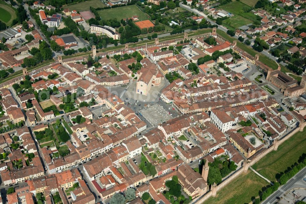 Aerial image Montagnana - Old Town area and city center in Montagnana in Venetien, Italy. The city is surrounded by a medieval city wall with numerous towers. It belongs to the unification of the most beautiful places in Italy