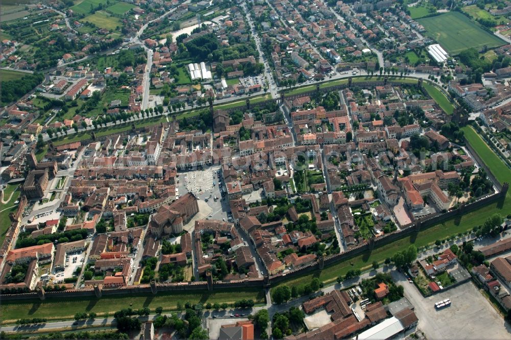 Aerial image Montagnana - Old Town area and city center in Montagnana in Venetien, Italy. The city is surrounded by a medieval city wall with numerous towers. It belongs to the unification of the most beautiful places in Italy